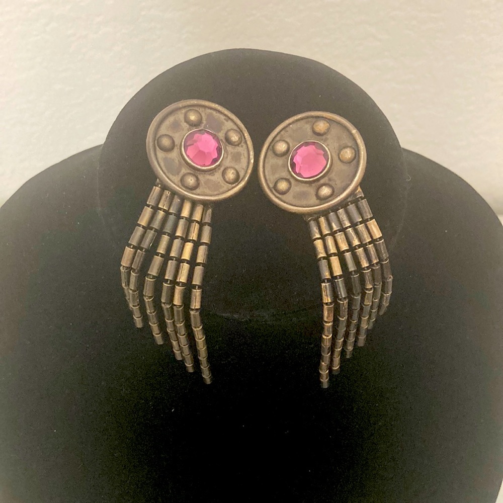 Ben-Amun Vintage Bronze Long Earrings Clip On Purple Stone